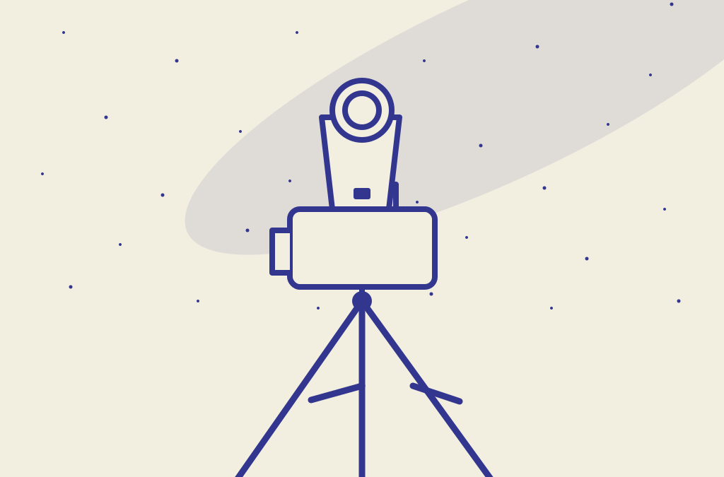 Illustration dun boîtier photo sur trépied face à un ciel étoilé, sans personne visible