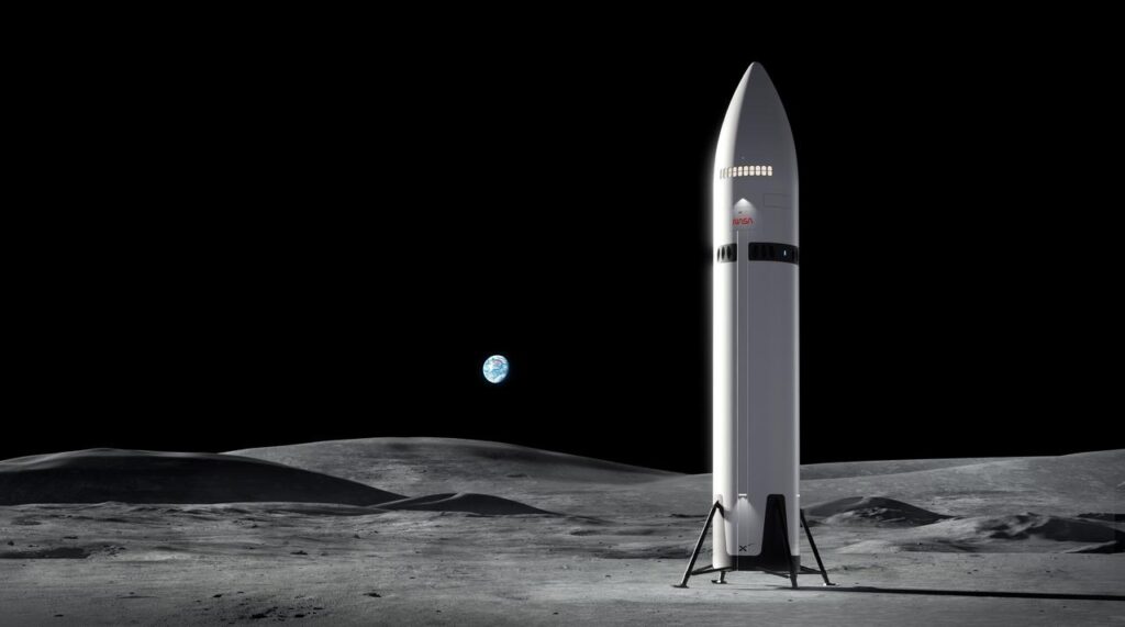 Vue d'artiste de l'atterrisseur lunaire Starship HLS posé sur la Lune pour le programme Artemis