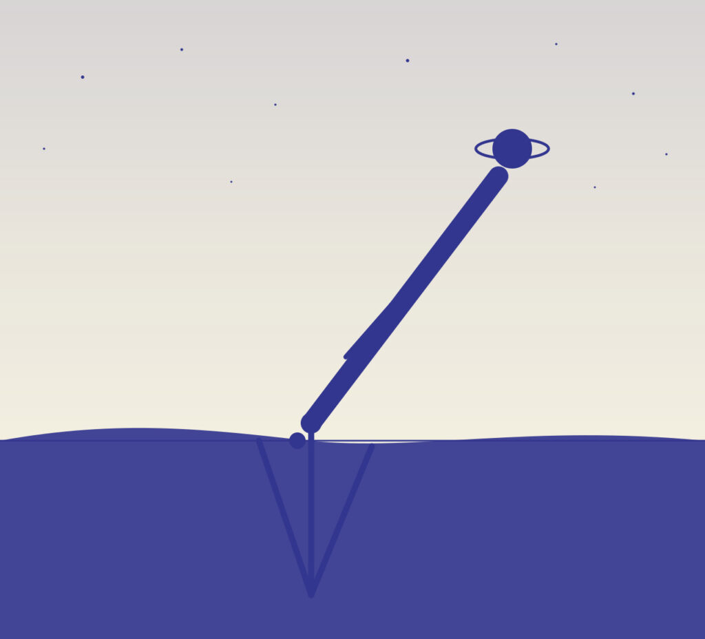Illustration : télescope sur trépied pointé vers un ciel de crépuscule, avec une planète brillante et ses anneaux