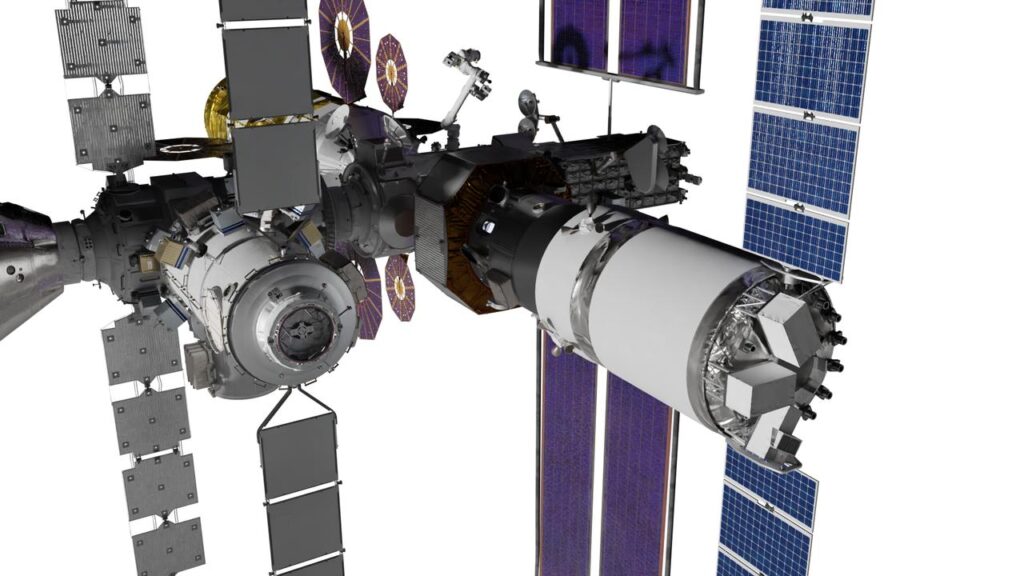 Vue d'artiste de la station Gateway en orbite lunaire, avec ses modules pressurisés (crédit NASA)
