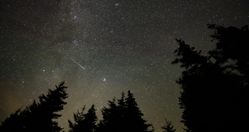 Traînée lumineuse d'un météore des Perséides dans un ciel nocturne étoilé