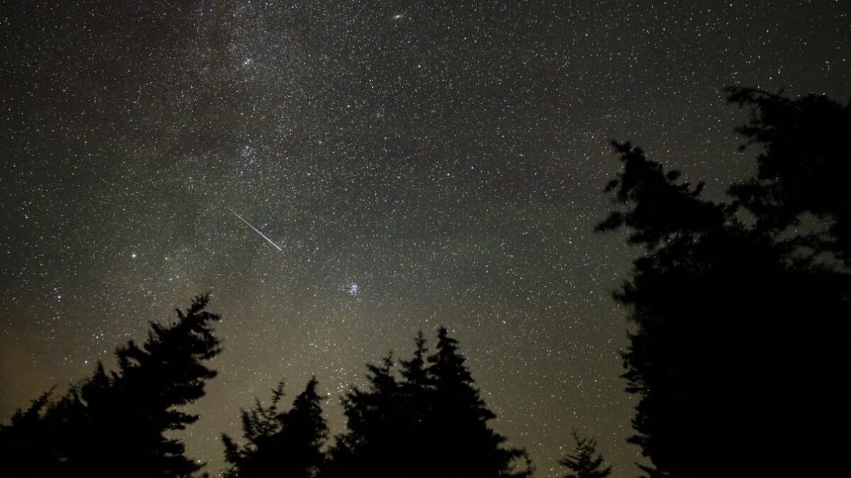 Tra\u00een\u00e9e lumineuse d'un m\u00e9t\u00e9ore des Pers\u00e9ides dans un ciel nocturne \u00e9toil\u00e9