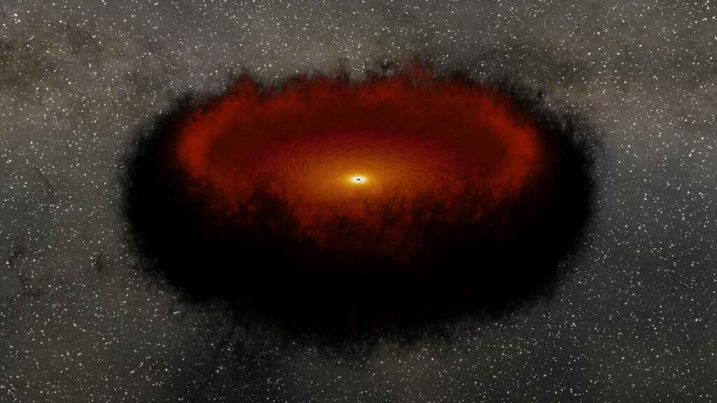 Visualisation NASA d'un disque d'accrétion incandescent déformé par la gravité autour d'un trou noir (crédit : NASA/JPL-Caltech)