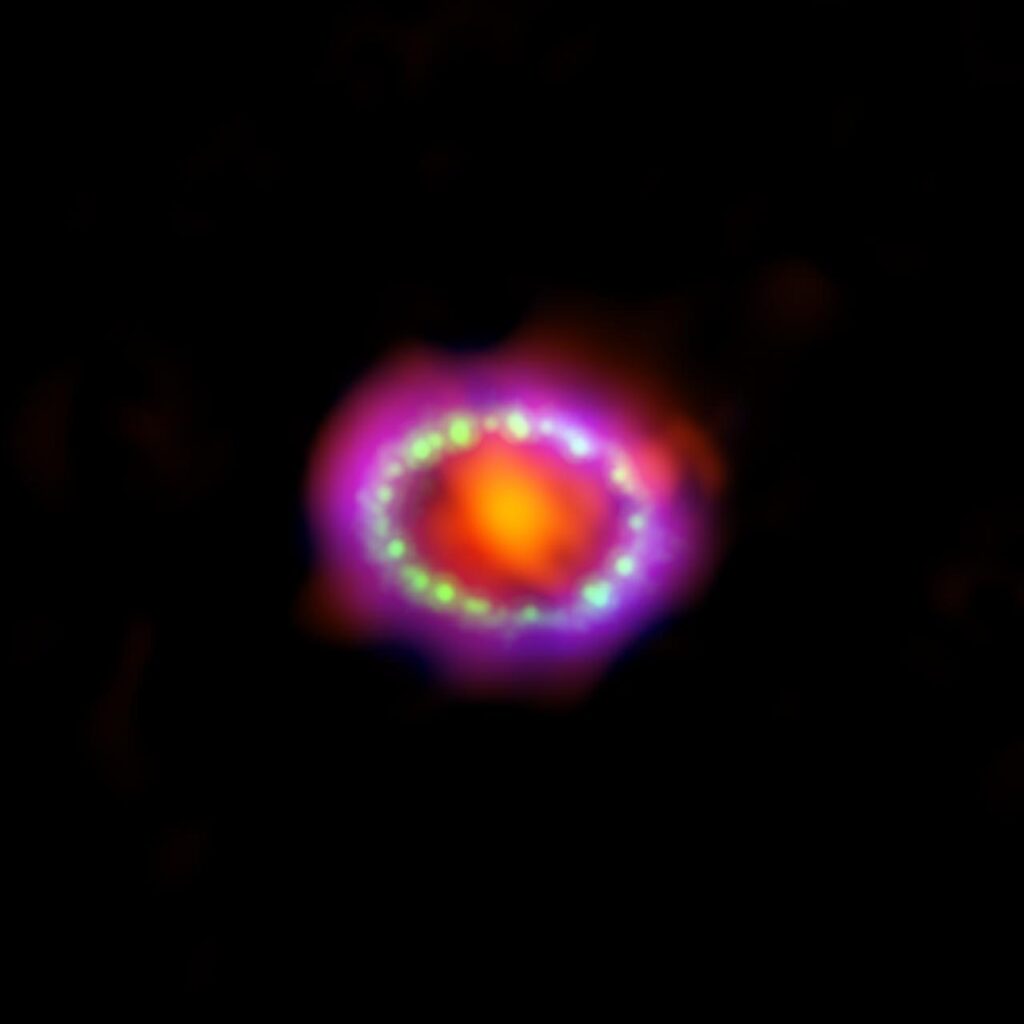 Rémanent de la supernova SN 1987A et son anneau de matière, composite Chandra (rayons X), Hubble (visible) et ALMA (submillimétrique)