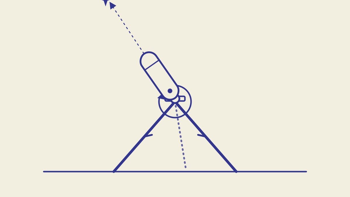 Illustration d un star tracker cylindrique fixe sur une tete de trepied inclinee vers l etoile polaire, avec fleche de rotation