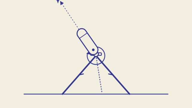 Illustration d un star tracker cylindrique fixe sur une tete de trepied inclinee vers l etoile polaire, avec fleche de rotation