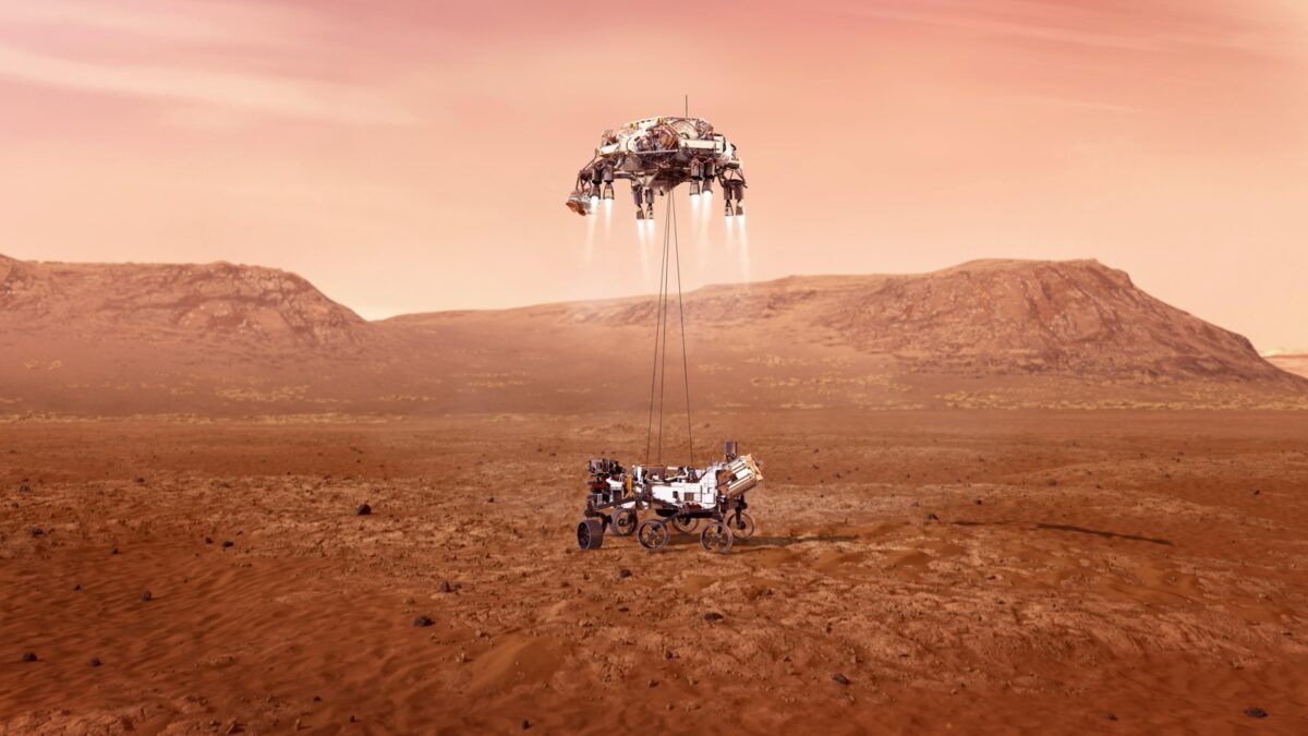 Illustration du rover Perseverance suspendu par câbles sous son étage de descente, quelques instants avant de toucher le sol martien