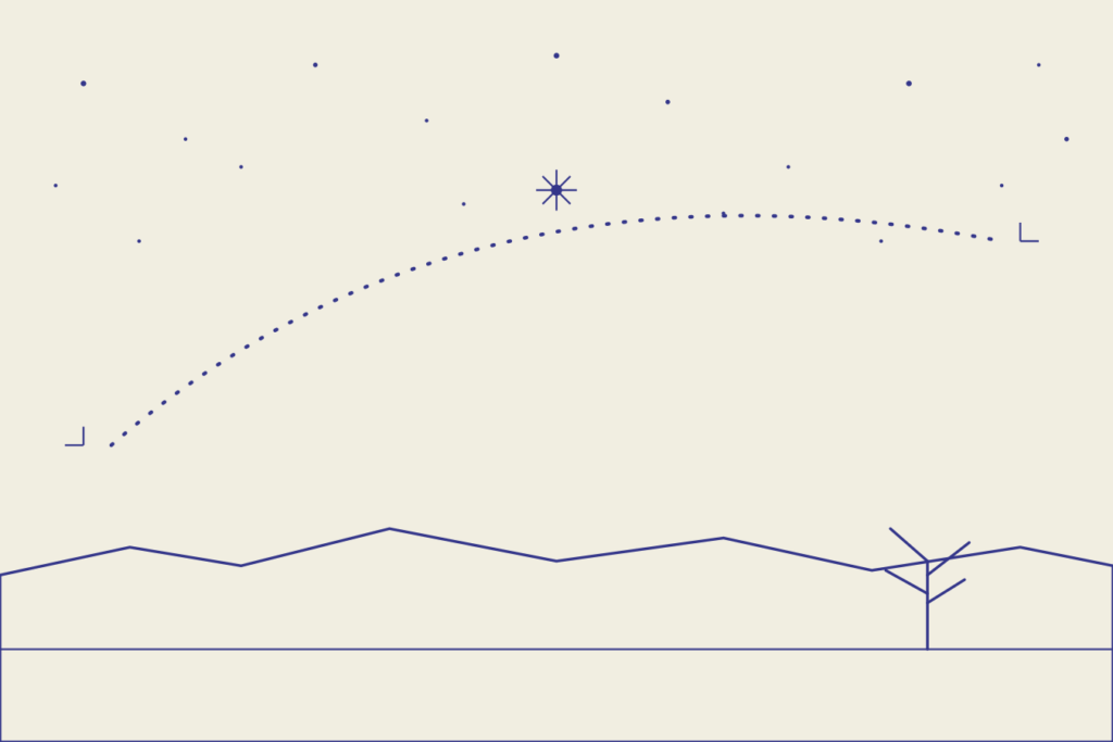 Illustration schématique d'une traînée lumineuse laissée par un passage de la Station spatiale internationale dans le ciel nocturne, vue depuis le sol