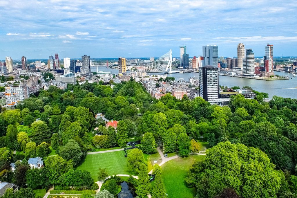 Vue aérienne d'un parc urbain verdoyant entouré d'immeubles
