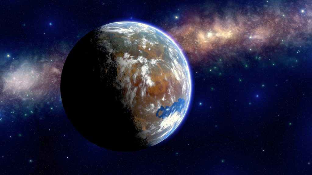 Illustration d'une exoplanète dans un halo de poussière violette