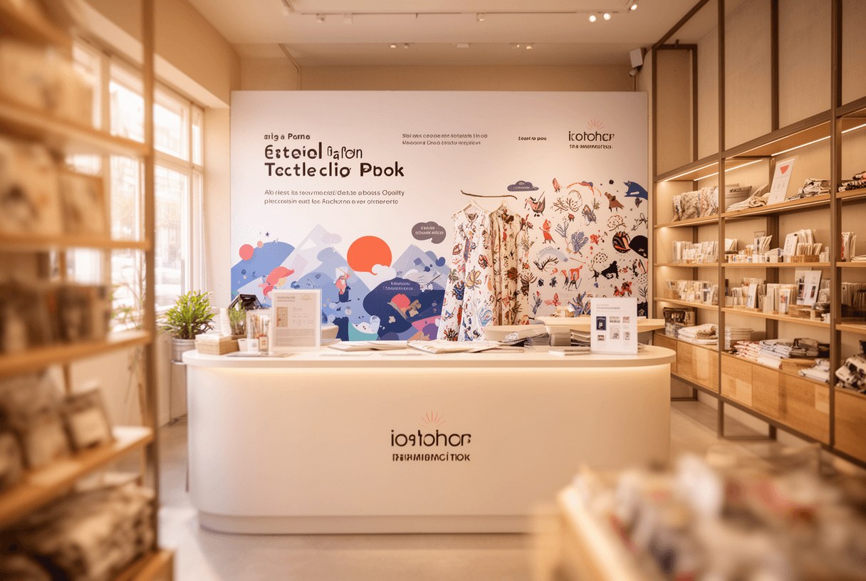 stand parapluie textile imprimé derrière un comptoir de démonstration en boutique